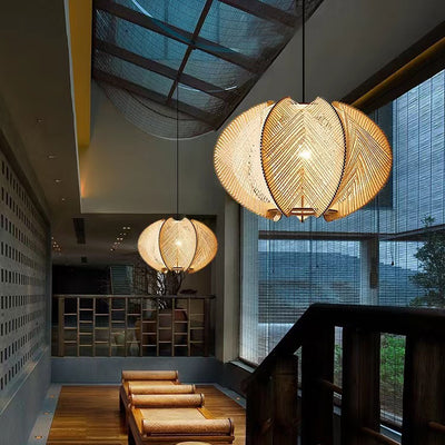 Traditional Japanese Birdcage Oval Hemp Rope Wood 1-Light Pendant Light For Dining Room