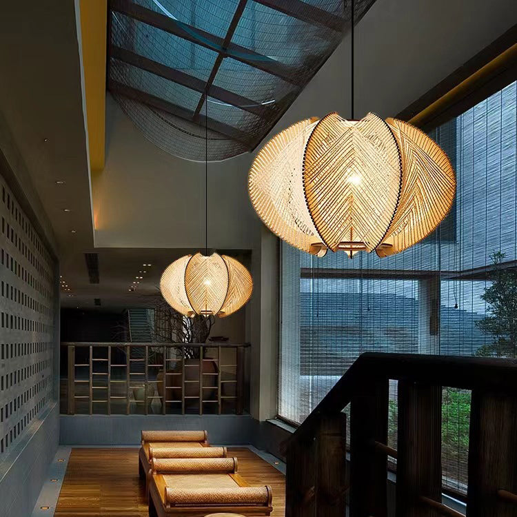 Traditional Japanese Birdcage Oval Hemp Rope Wood 1-Light Pendant Light For Dining Room