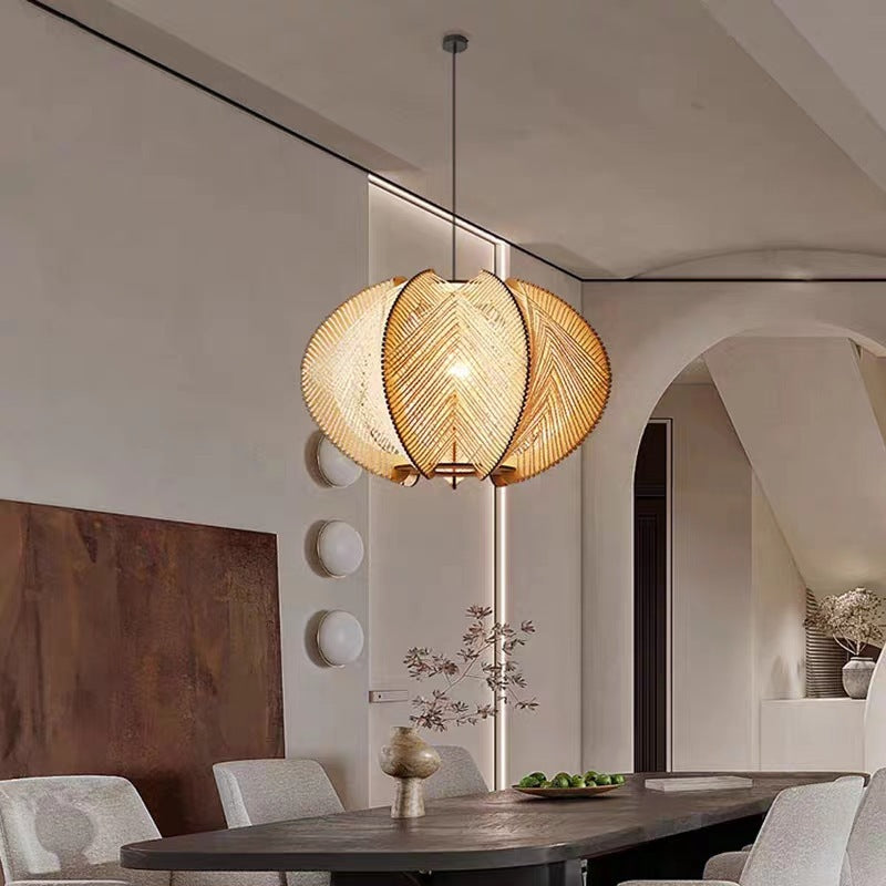 Traditional Japanese Birdcage Oval Hemp Rope Wood 1-Light Pendant Light For Dining Room
