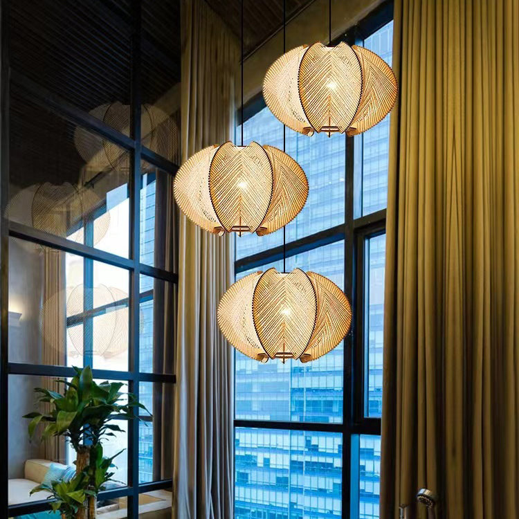 Traditional Japanese Birdcage Oval Hemp Rope Wood 1-Light Pendant Light For Dining Room