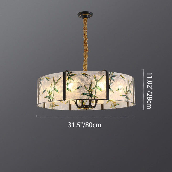 Traditional Vintage Round Cylinder Iron Copper Glazed Enameled Glass 6/8 Light Chandelier For Living Room