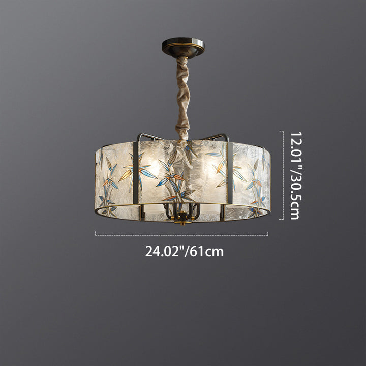 Traditional Vintage Round Cylinder Iron Copper Glazed Enameled Glass 6/8 Light Chandelier For Living Room