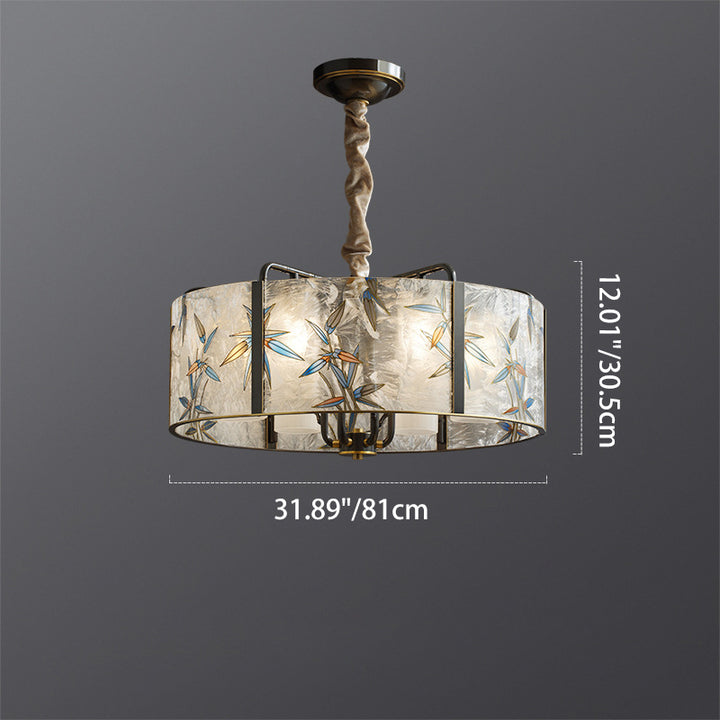 Traditional Vintage Round Cylinder Iron Copper Glazed Enameled Glass 6/8 Light Chandelier For Living Room