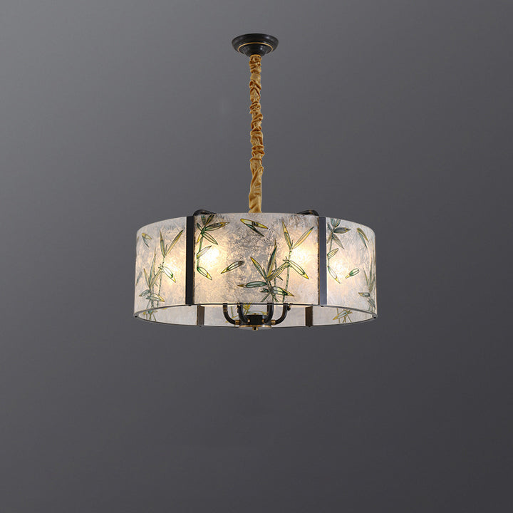 Traditional Vintage Round Cylinder Iron Copper Glazed Enameled Glass 6/8 Light Chandelier For Living Room