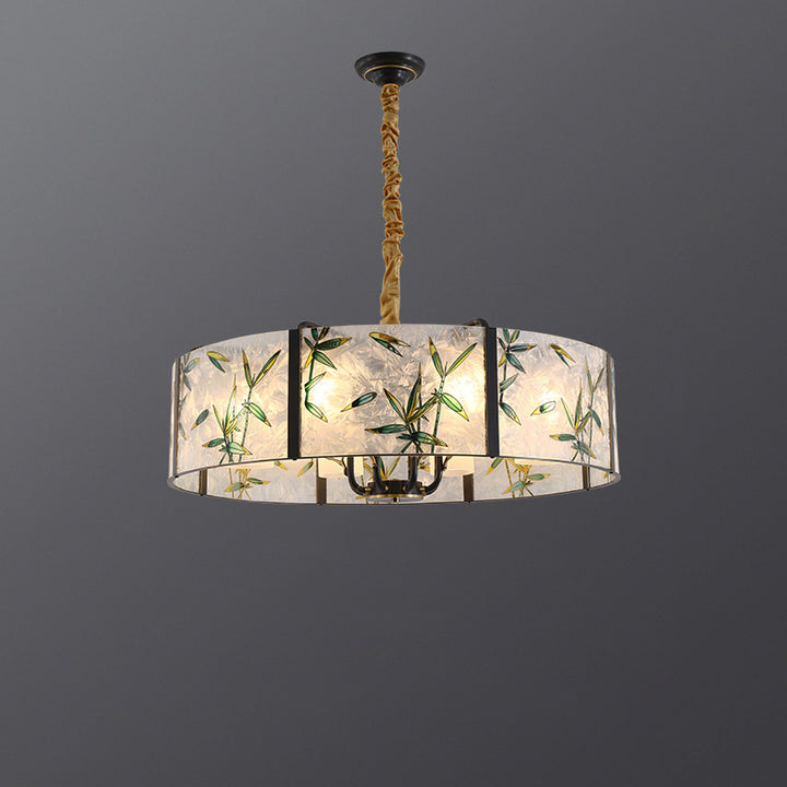 Traditional Vintage Round Cylinder Iron Copper Glazed Enameled Glass 6/8 Light Chandelier For Living Room
