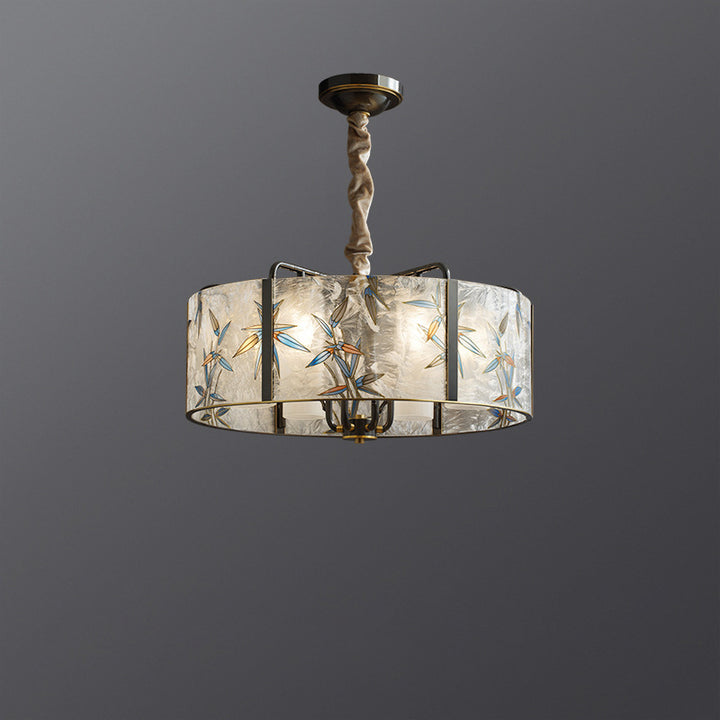 Traditional Vintage Round Cylinder Iron Copper Glazed Enameled Glass 6/8 Light Chandelier For Living Room