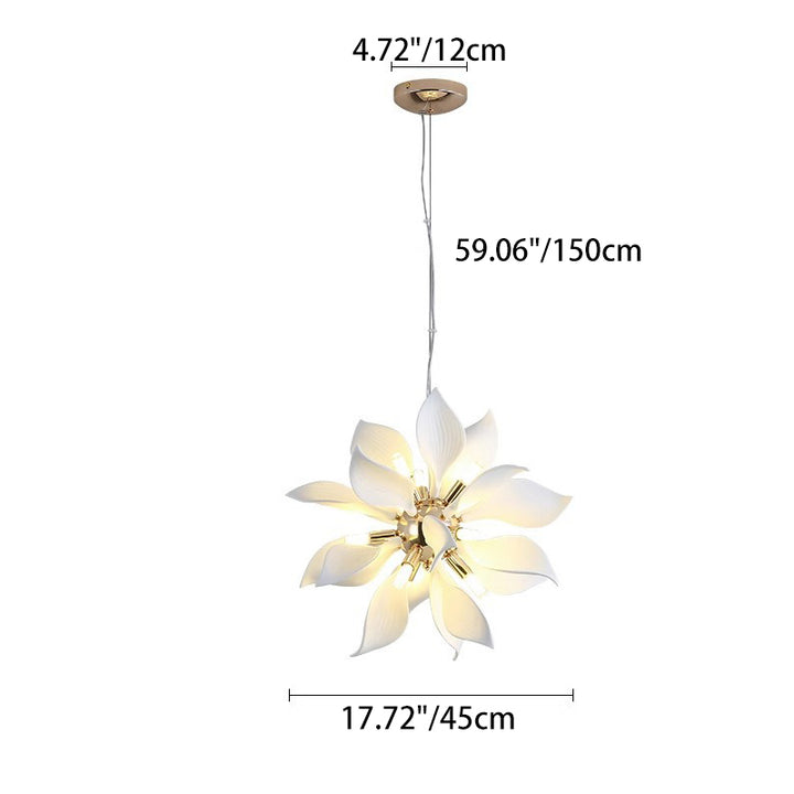 Zeitgenössischer skandinavischer Petal Round Iron Keramik 9/12/16/20 Licht Kronleuchter für Wohnzimmer 
