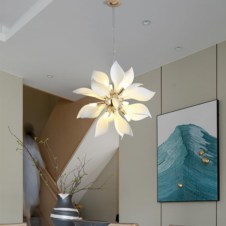Contemporary Scandinavian Petal Round Iron Ceramic 9/12/16/20 Light Chandelier For Living Room