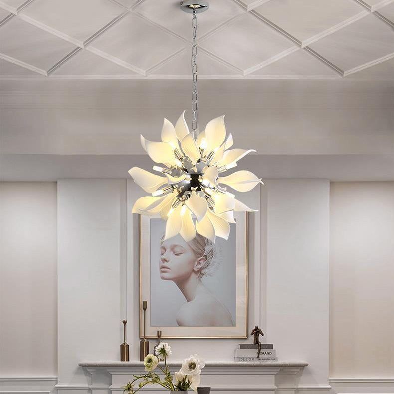 Contemporary Scandinavian Petal Round Iron Ceramic 9/12/16/20 Light Chandelier For Living Room
