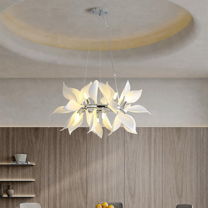 Zeitgenössischer skandinavischer Petal Round Iron Keramik 9/12/16/20 Licht Kronleuchter für Wohnzimmer 