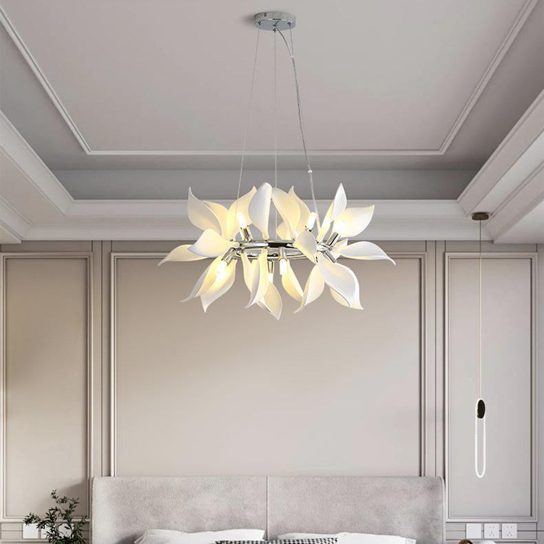 Contemporary Scandinavian Petal Round Iron Ceramic 9/12/16/20 Light Chandelier For Living Room