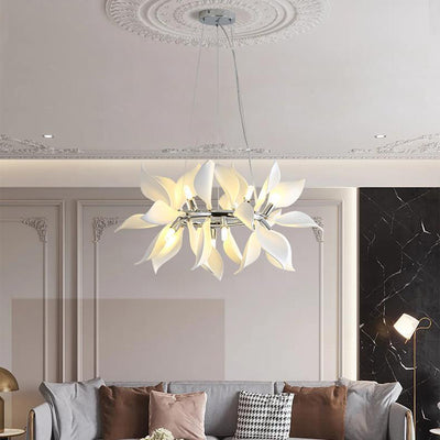 Contemporary Scandinavian Petal Round Iron Ceramic 9/12/16/20 Light Chandelier For Living Room
