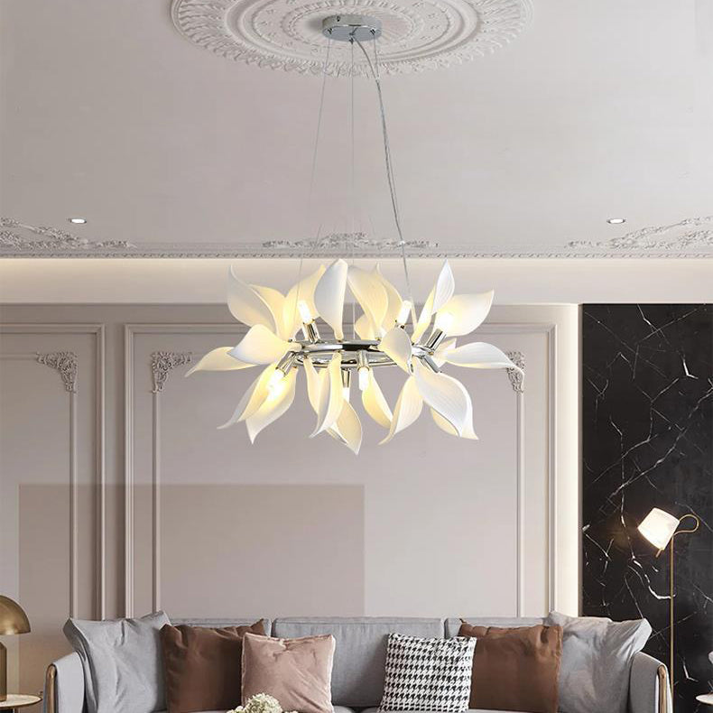 Contemporary Scandinavian Petal Round Iron Ceramic 9/12/16/20 Light Chandelier For Living Room