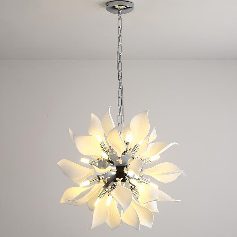 Contemporary Scandinavian Petal Round Iron Ceramic 9/12/16/20 Light Chandelier For Living Room