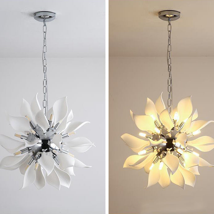 Contemporary Scandinavian Petal Round Iron Ceramic 9/12/16/20 Light Chandelier For Living Room