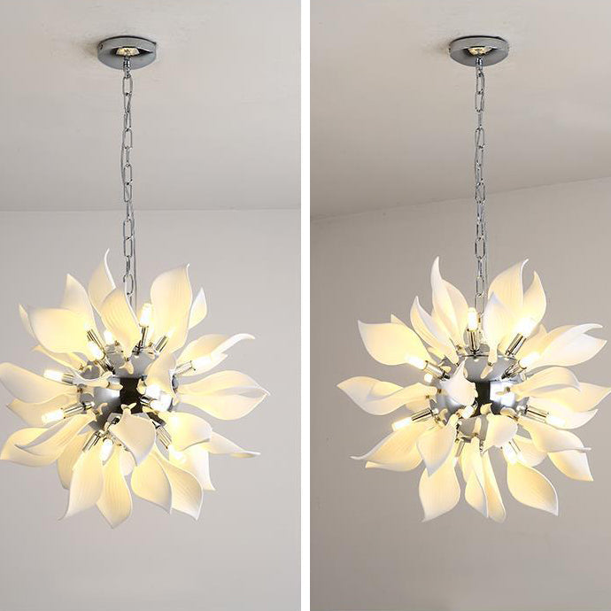 Contemporary Scandinavian Petal Round Iron Ceramic 9/12/16/20 Light Chandelier For Living Room