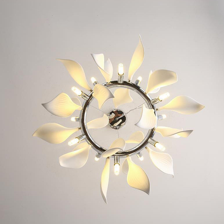 Contemporary Scandinavian Petal Round Iron Ceramic 9/12/16/20 Light Chandelier For Living Room