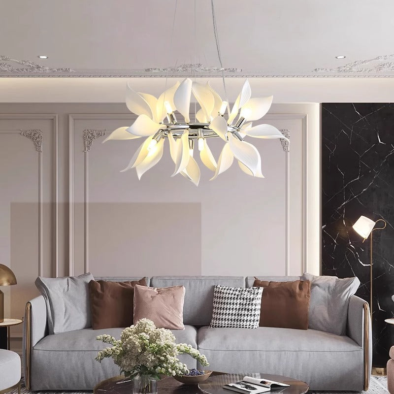 Contemporary Scandinavian Petal Round Iron Ceramic 9/12/16/20 Light Chandelier For Living Room