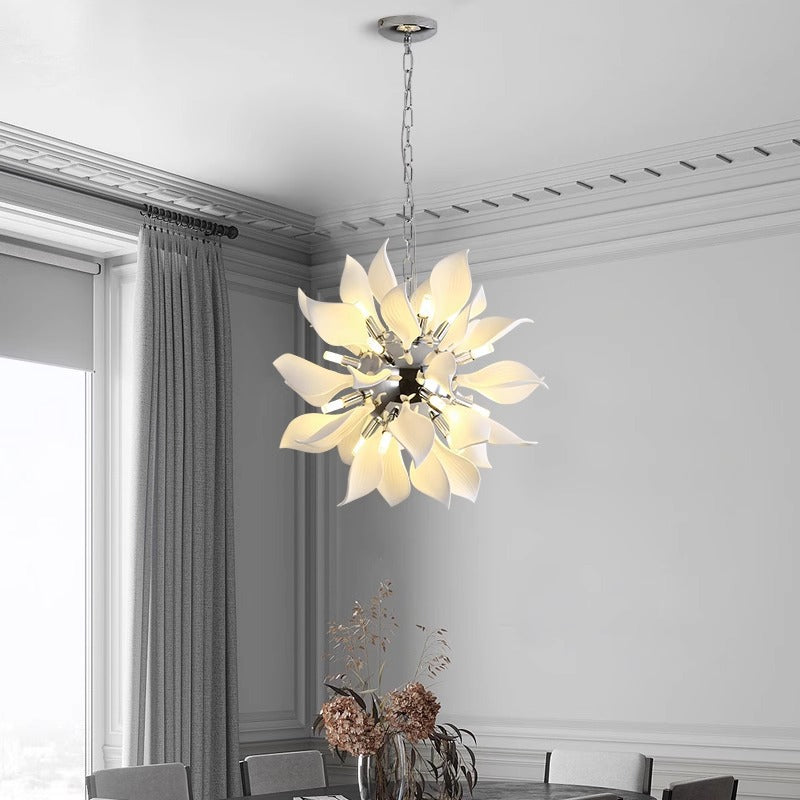 Contemporary Scandinavian Petal Round Iron Ceramic 9/12/16/20 Light Chandelier For Living Room