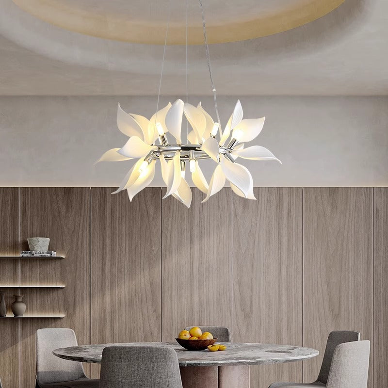 Zeitgenössischer skandinavischer Petal Round Iron Keramik 9/12/16/20 Licht Kronleuchter für Wohnzimmer 