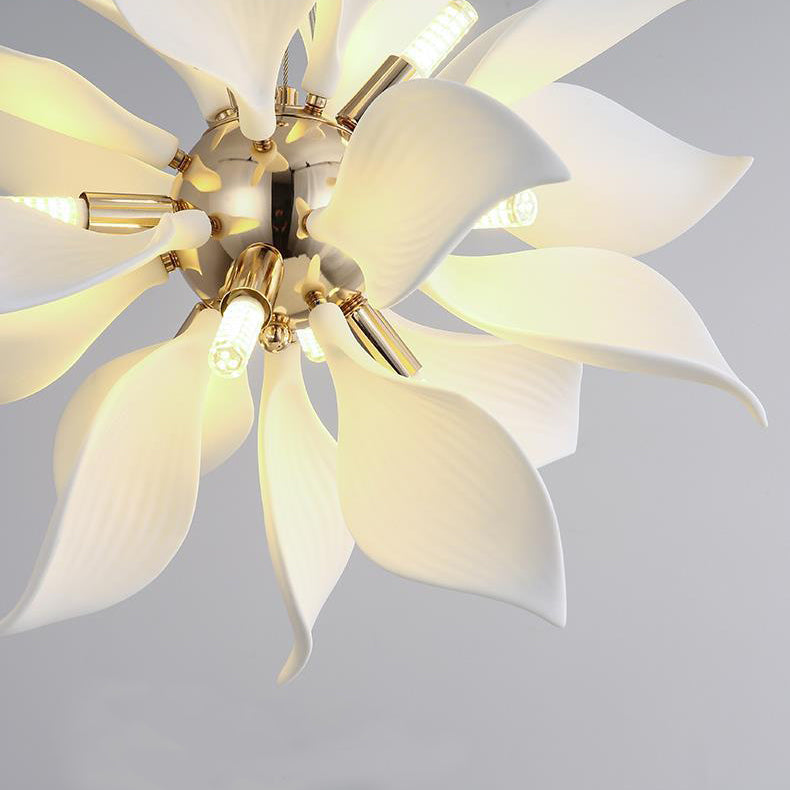 Contemporary Scandinavian Petal Round Iron Ceramic 9/12/16/20 Light Chandelier For Living Room