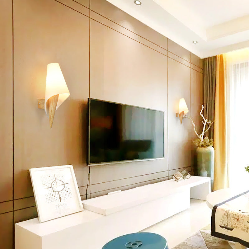 Contemporary Creative Ice Cream Shape Round Cone Wood Glass 1-Light Wall Sconce Lamp For Bedroom