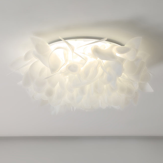 Contemporary Scandinavian Flower Feather Round Dome Iron Acrylic LED Flush Mount Ceiling Light For Bedroom