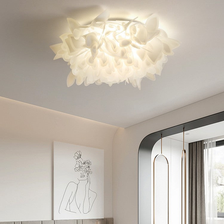 Contemporary Scandinavian Flower Feather Round Dome Iron Acrylic LED Flush Mount Ceiling Light For Bedroom