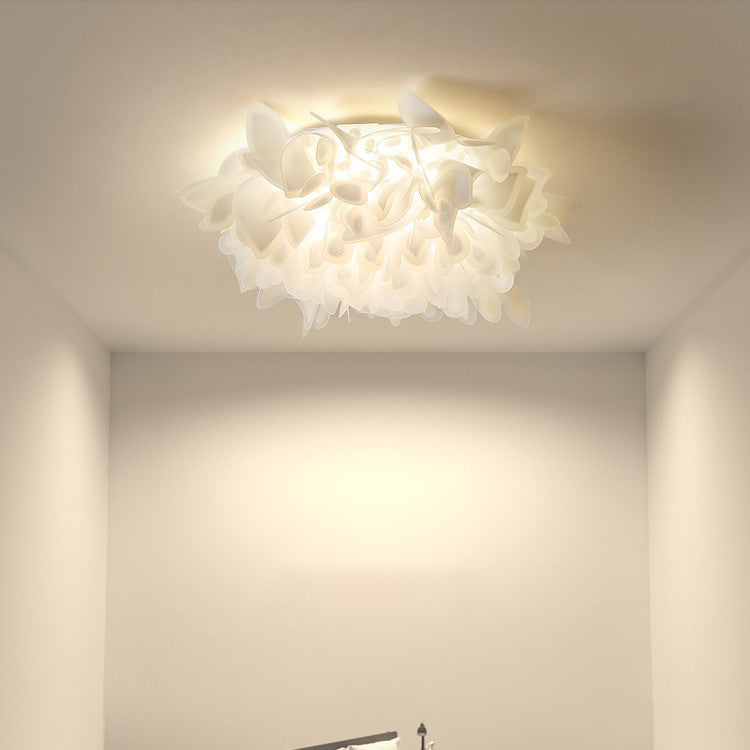 Contemporary Scandinavian Flower Feather Round Dome Iron Acrylic LED Flush Mount Ceiling Light For Bedroom