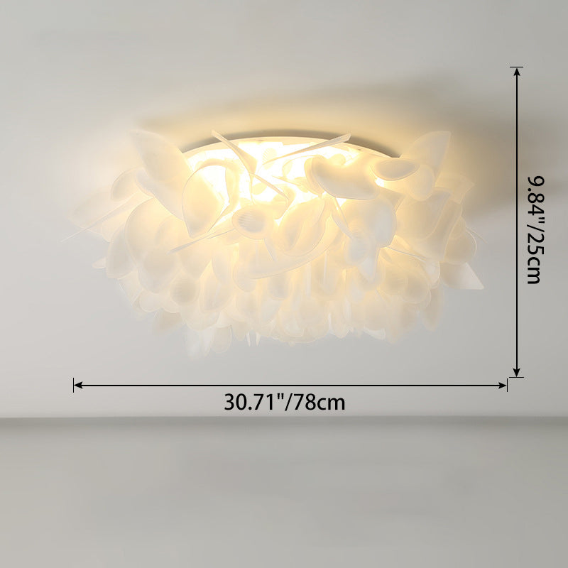 Contemporary Scandinavian Flower Feather Round Dome Iron Acrylic LED Flush Mount Ceiling Light For Bedroom