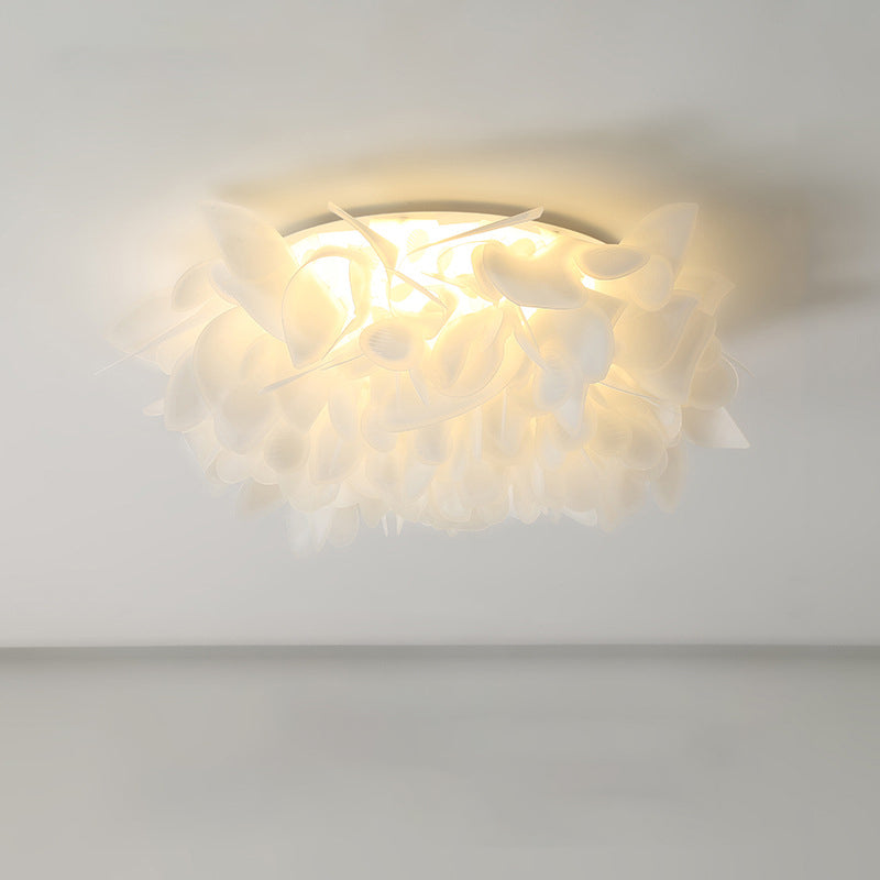 Contemporary Scandinavian Flower Feather Round Dome Iron Acrylic LED Flush Mount Ceiling Light For Bedroom