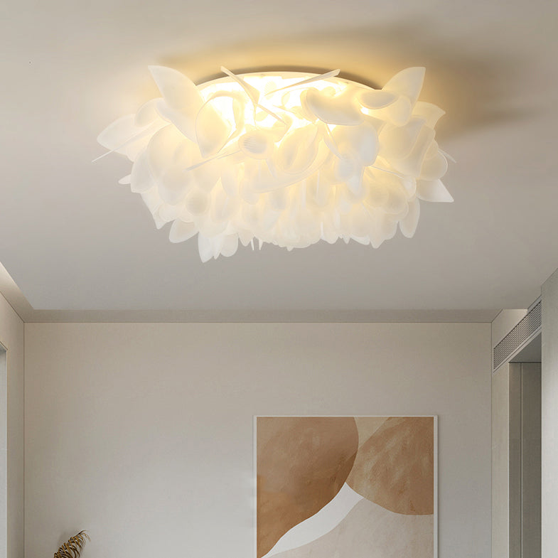 Contemporary Scandinavian Flower Feather Round Dome Iron Acrylic LED Flush Mount Ceiling Light For Bedroom