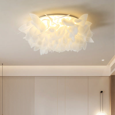 Contemporary Scandinavian Flower Feather Round Dome Iron Acrylic LED Flush Mount Ceiling Light For Bedroom