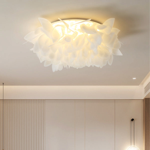 Contemporary Scandinavian Flower Feather Round Dome Iron Acrylic LED Flush Mount Ceiling Light For Bedroom