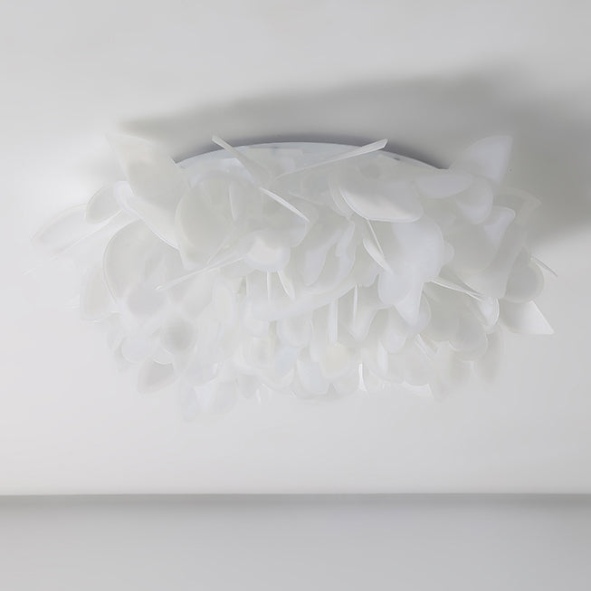 Contemporary Scandinavian Flower Feather Round Dome Iron Acrylic LED Flush Mount Ceiling Light For Bedroom