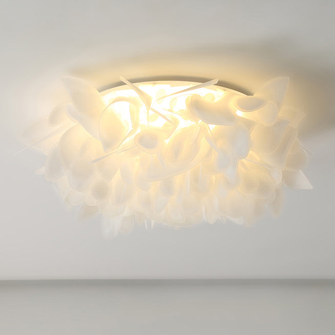 Contemporary Scandinavian Flower Feather Round Dome Iron Acrylic LED Flush Mount Ceiling Light For Bedroom