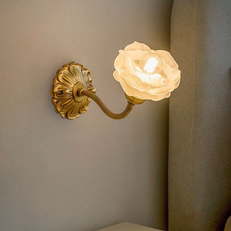 Contemporary Creative Floral Copper Glass 1-Light Wall Sconce Lamp For Bedroom