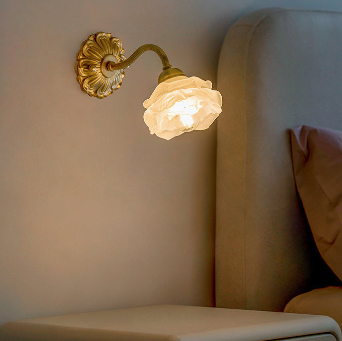 Contemporary Creative Floral Copper Glass 1-Light Wall Sconce Lamp For Bedroom