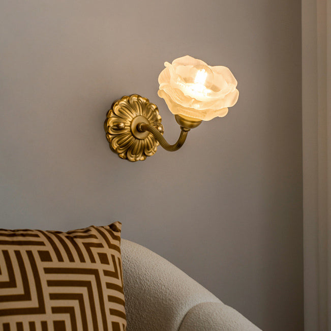 Contemporary Creative Floral Copper Glass 1-Light Wall Sconce Lamp For Bedroom