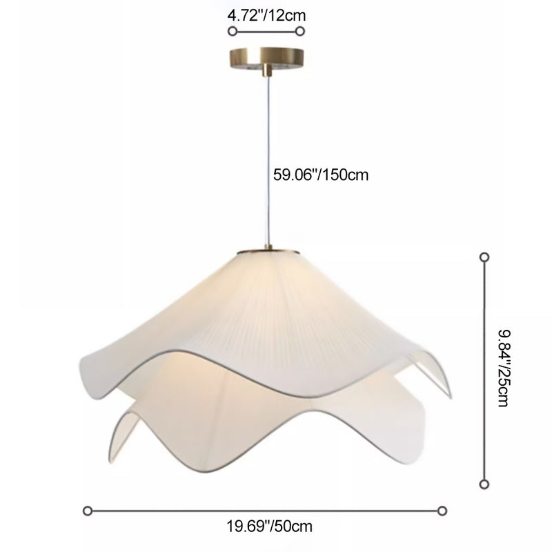 Traditional French Cream Petal Round Iron Pleated Silk 1-Light Pendant Light For Bedroom