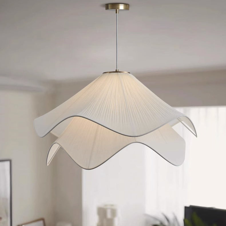 Traditional French Cream Petal Round Iron Pleated Silk 1-Light Pendant Light For Bedroom