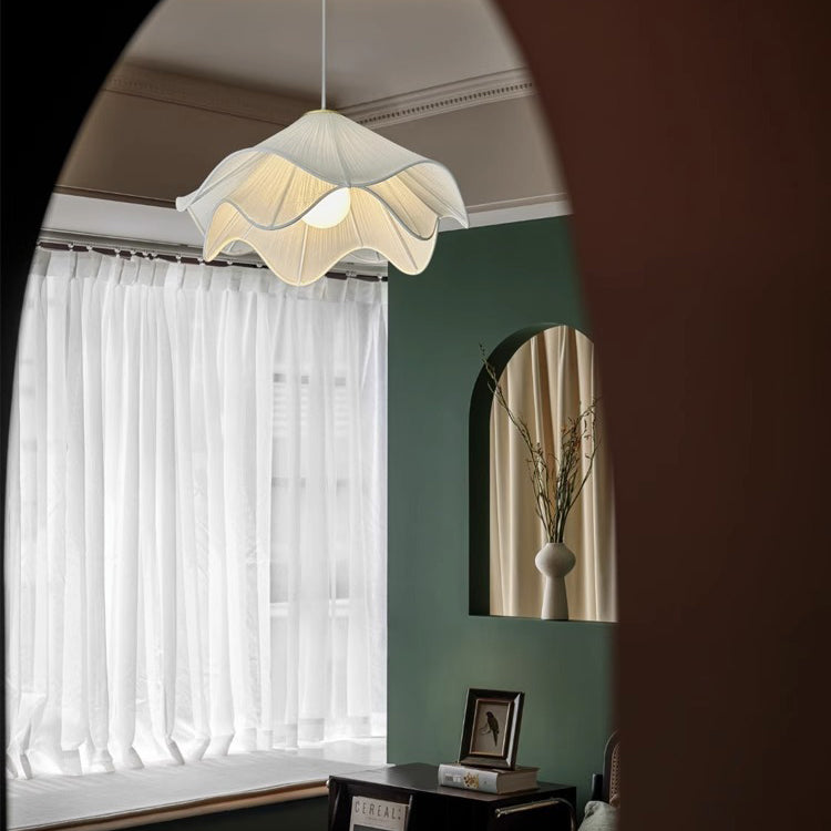 Traditional French Cream Petal Round Iron Pleated Silk 1-Light Pendant Light For Bedroom