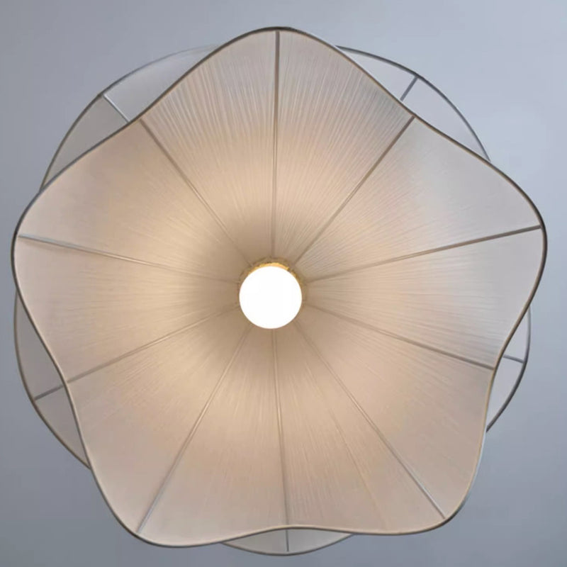 Traditional French Cream Petal Round Iron Pleated Silk 1-Light Pendant Light For Bedroom