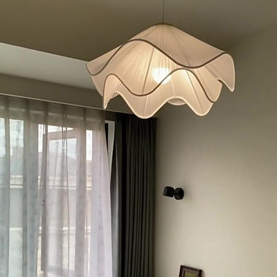 Traditional French Cream Petal Round Iron Pleated Silk 1-Light Pendant Light For Bedroom