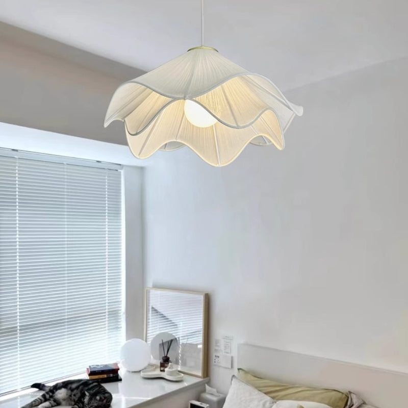 Traditional French Cream Petal Round Iron Pleated Silk 1-Light Pendant Light For Bedroom