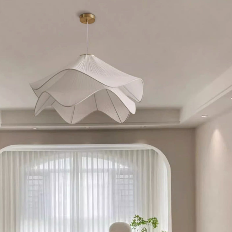 Traditional French Cream Petal Round Iron Pleated Silk 1-Light Pendant Light For Bedroom