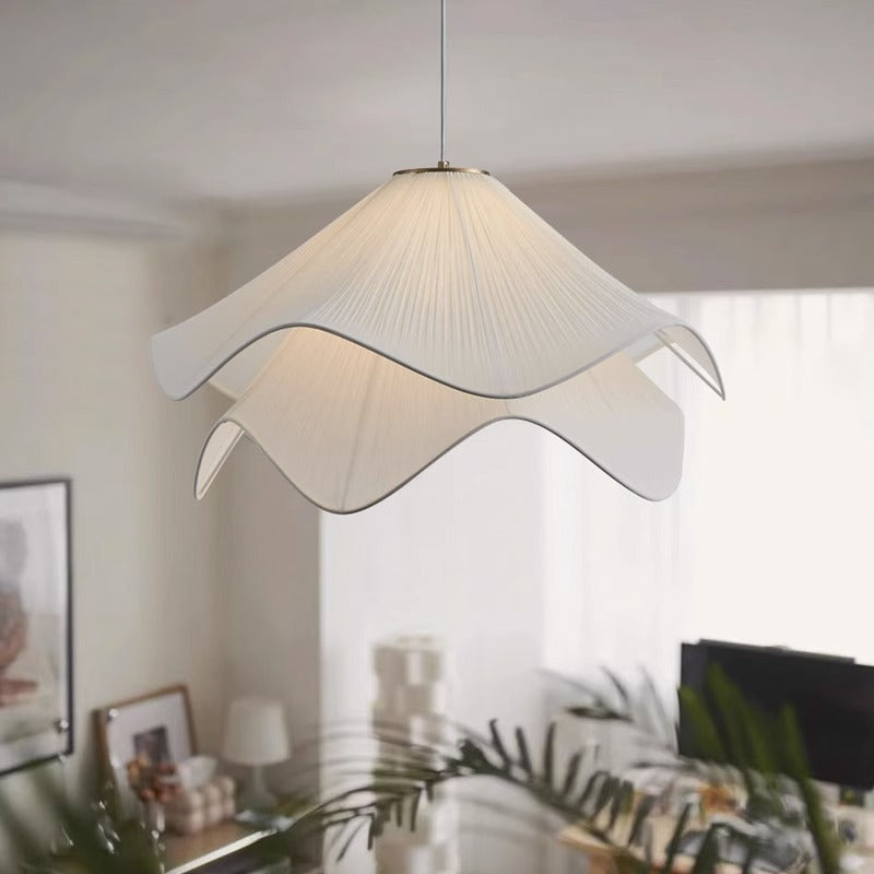 Traditional French Cream Petal Round Iron Pleated Silk 1-Light Pendant Light For Bedroom