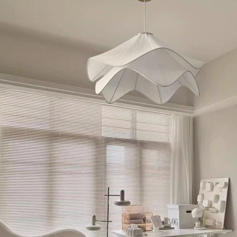 Traditional French Cream Petal Round Iron Pleated Silk 1-Light Pendant Light For Bedroom