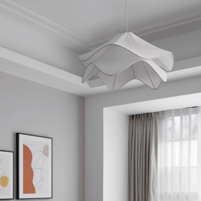 Traditional French Cream Petal Round Iron Pleated Silk 1-Light Pendant Light For Bedroom