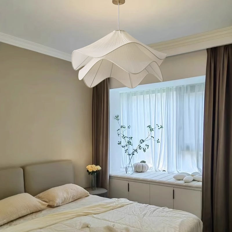 Traditional French Cream Petal Round Iron Pleated Silk 1-Light Pendant Light For Bedroom
